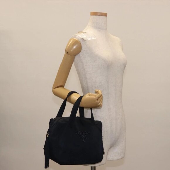 PRADA Beads Fringe Hand Bag Nylon Navy Gold - Picture 14 of 16